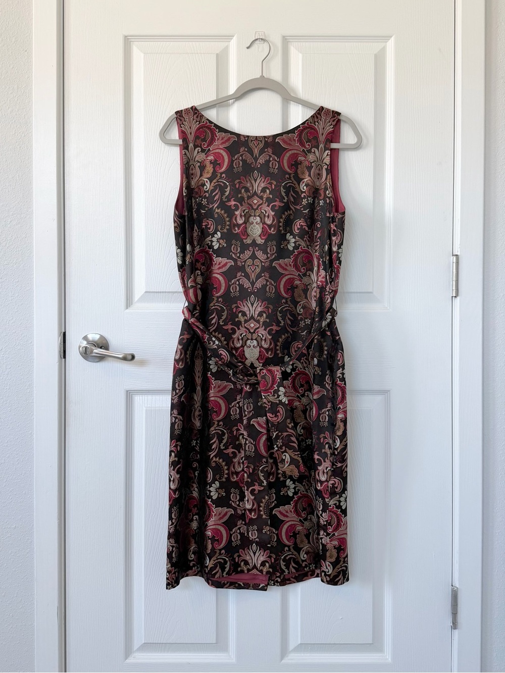 Vintage 100% Silk Chocolate Brown & Red Paisley Midi Dress Belt -Mad Men Style